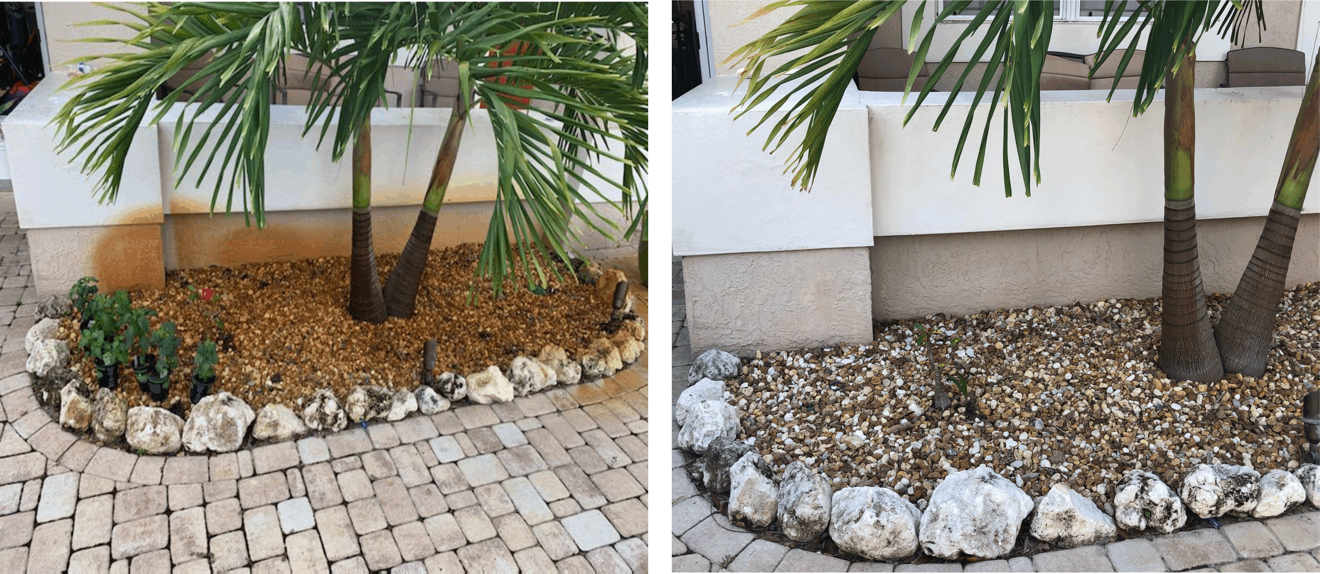 Before and after iron stain treatment on property